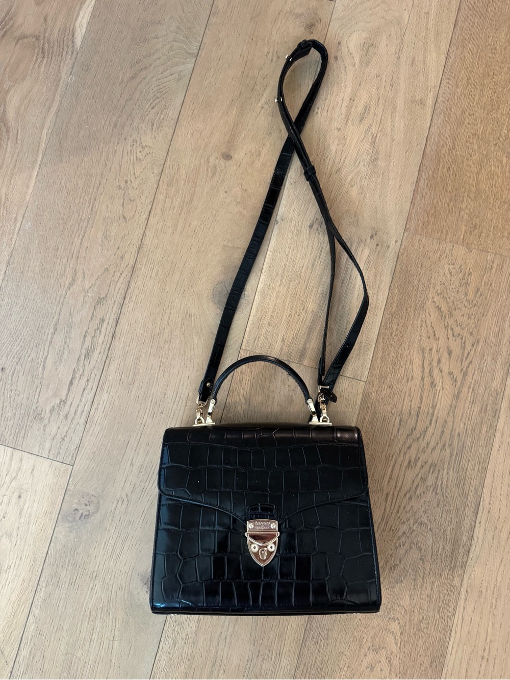 Aspinal of London Large Mayfair Black Patent Croc Crossbody